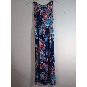 Blue Floral Sleeveless Maxi Dress Pockets Size Medium